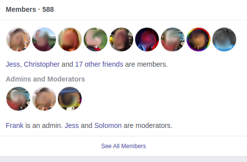 picture of people in a Facebook group, including administrators and moderators